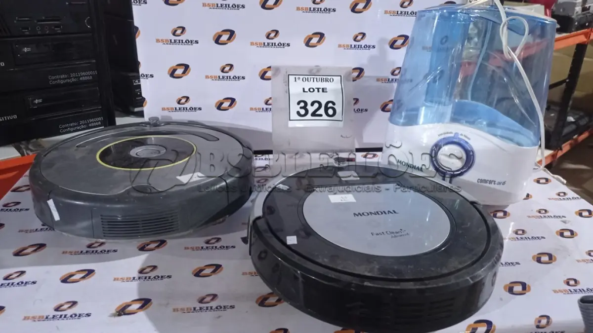 LOTE 326 - 02 ASPIRADORES ROBÔ E 01 UMIDIFICADOR. (NO ESTADO) ATENÇÃO! FAZER A VISITAÇÃO ANTES DE ARREMATAR, NÃO SABEMOS SE FUNCIONA, LEILÃO NÃO TEM GARANTIA E NEM DEVOLUÇÃO, SUJEITO A POSSÍVEIS AVARIAS VISÍVEIS/OCULTAS E/OU AUSÊNCIA DE COMPONENTES.