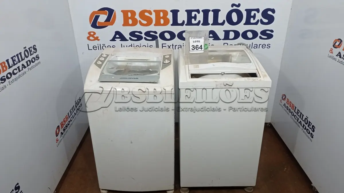 LOTE 364 - 01 MÁQUINA DE LAVAR 12KG 220V MARCA BRASTEMP E 01 MÁQUINA DE LAVAR 05KG 220V MARCA BRASTEMP. (NO ESTADO) ATENÇÃO! FAZER A VISITAÇÃO ANTES DE ARREMATAR, NÃO SABEMOS SE FUNCIONA, LEILÃO NÃO TEM GARANTIA E NEM DEVOLUÇÃO, SUJEITO A POSSÍVEIS AVARIAS VISÍVEIS/OCULTAS E/OU AUSÊNCIA DE COMPONENTES.
