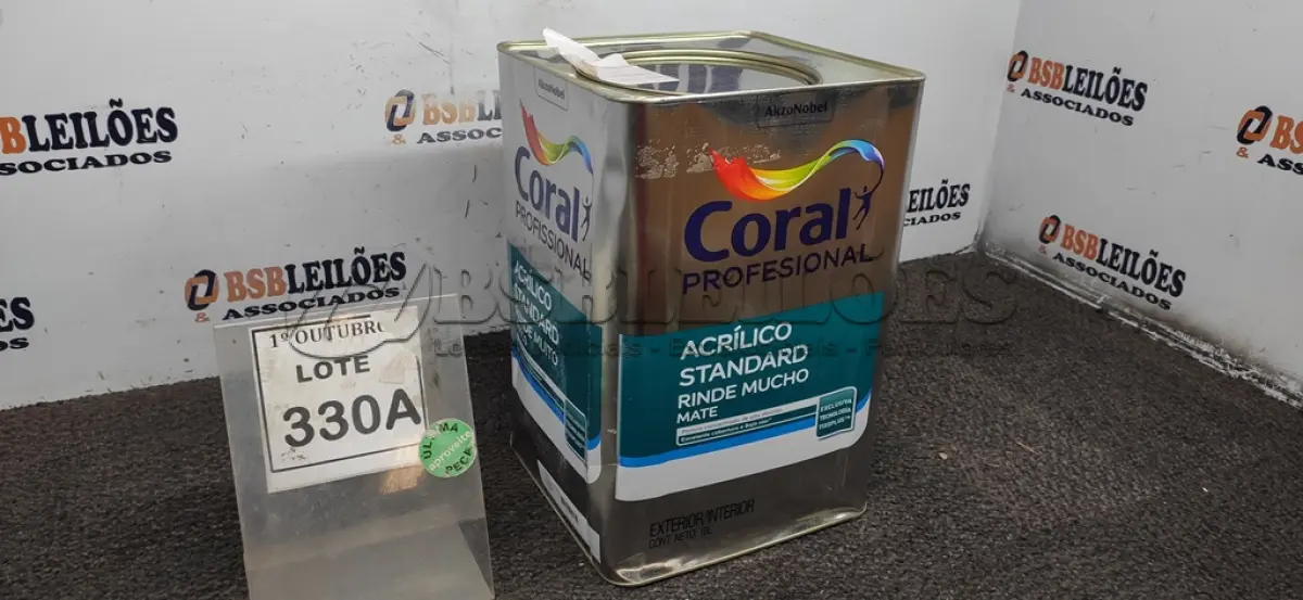 LOTE 330 - 01 LATA DE TINTA ACRILICA 18L NA COR BRANCA MARCA CORAL. (NO ESTADO, NÃO SABEMOS SE FUNCIONA. LEILÃO NÃO TEM GARANTIA E NEM DEVOLUÇÃO, SUJEITO A POSSÍVEIS AVARIAS VISÍVEIS/OCULTAS E/OU AUSÊNCIA DE COMPONENTES)
