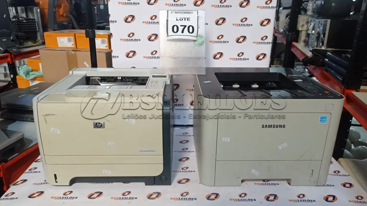 LOTE 070 - 02 IMPRESSORAS MARCAS HP E SAMSUNG. (NO ESTADO) ATENÇÃO! FAZER A VISITAÇÃO ANTES DE ARREMATAR, NÃO SABEMOS SE FUNCIONA, LEILÃO NÃO TEM GARANTIA E NEM DEVOLUÇÃO, SUJEITO A POSSÍVEIS AVARIAS VISÍVEIS/OCULTAS E/OU AUSÊNCIA DE COMPONENTES.