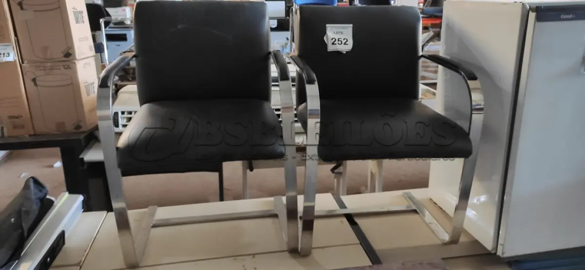 LOTE 252 - 02 CADEIRAS COM PÉS FIXOS. (NO ESTADO) ATENÇÃO! FAZER A VISITAÇÃO ANTES DE ARREMATAR, NÃO SABEMOS SE FUNCIONA, LEILÃO NÃO TEM GARANTIA E NEM DEVOLUÇÃO, SUJEITO A POSSÍVEIS AVARIAS VISÍVEIS/OCULTAS E/OU AUSÊNCIA DE COMPONENTES.
