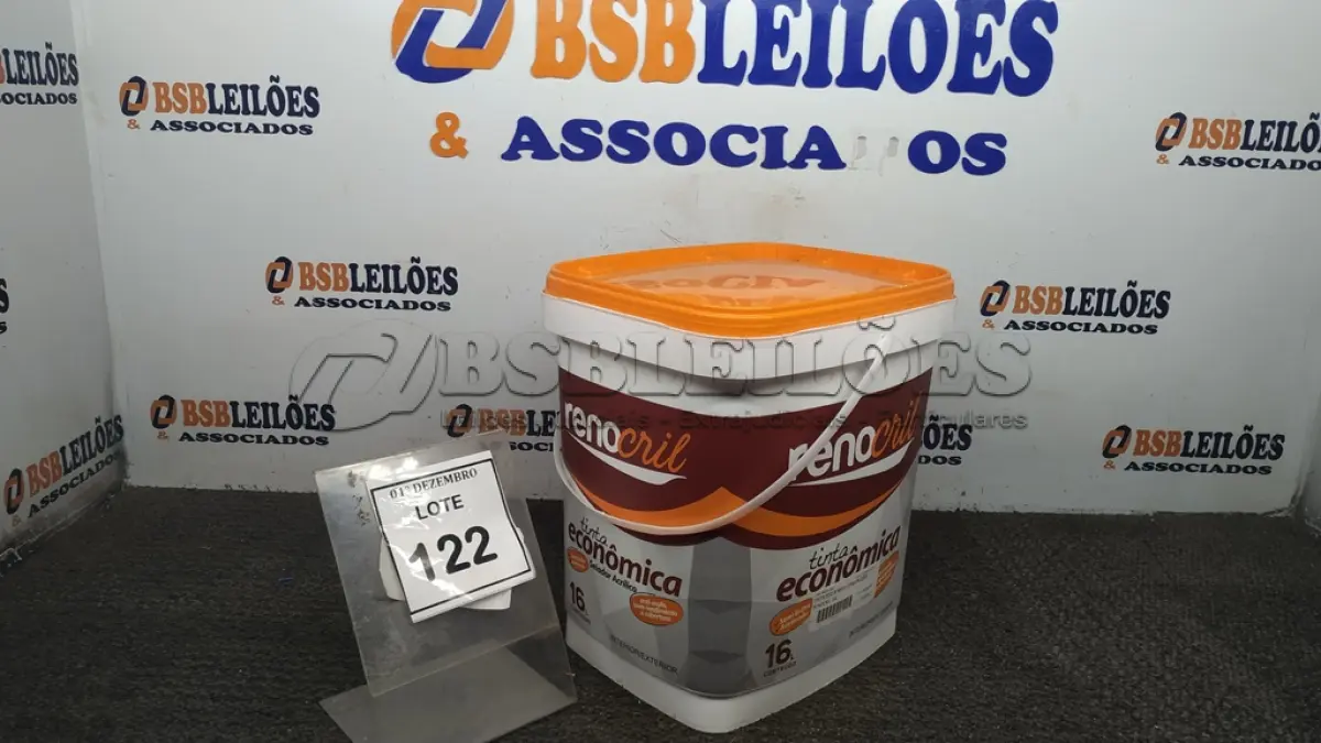 LOTE 122 - 01 LATA DE TINTA ECONÔMICA DE 16L NA COR BRANCO NEVE MARCA RENOCRIL. (NO ESTADO) ATENÇÃO! FAZER A VISITAÇÃO ANTES DE ARREMATAR, NÃO SABEMOS SE FUNCIONA, LEILÃO NÃO TEM GARANTIA E NEM DEVOLUÇÃO, SUJEITO A POSSÍVEIS AVARIAS VISÍVEIS/OCULTAS E/OU AUSÊNCIA DE COMPONENTES.