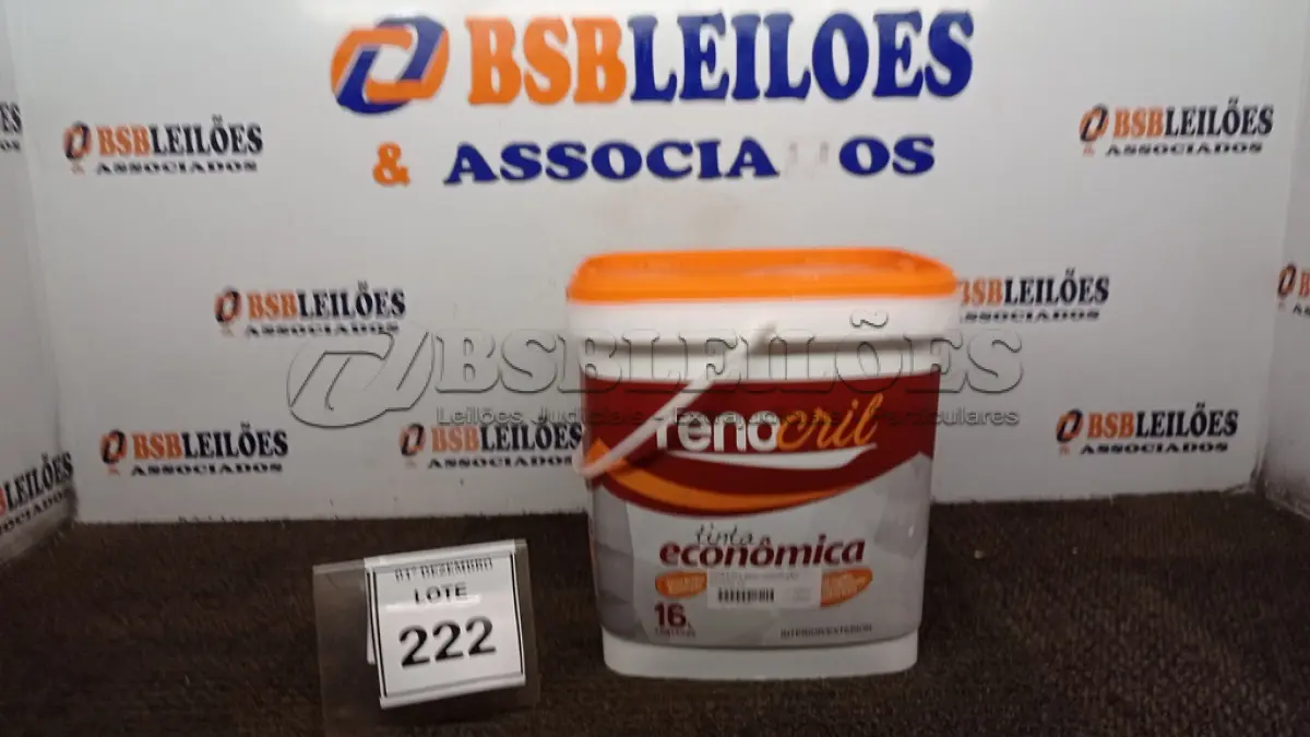 LOTE 222 - 01 LATA DE TINTA ECONÔMICA DE 16L NA COR BRANCO NEVE MARCA RENOCRIL. (NO ESTADO) ATENÇÃO! FAZER A VISITAÇÃO ANTES DE ARREMATAR, NÃO SABEMOS SE FUNCIONA, LEILÃO NÃO TEM GARANTIA E NEM DEVOLUÇÃO, SUJEITO A POSSÍVEIS AVARIAS VISÍVEIS/OCULTAS E/OU AUSÊNCIA DE COMPONENTES.