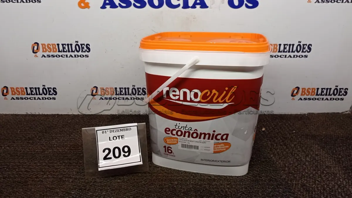 LOTE 209 - 01 LATA DE TINTA ECONÔMICA DE 16L NA COR BRANCO NEVE MARCA RENOCRIL. (NO ESTADO) ATENÇÃO! FAZER A VISITAÇÃO ANTES DE ARREMATAR, NÃO SABEMOS SE FUNCIONA, LEILÃO NÃO TEM GARANTIA E NEM DEVOLUÇÃO, SUJEITO A POSSÍVEIS AVARIAS VISÍVEIS/OCULTAS E/OU AUSÊNCIA DE COMPONENTES.
