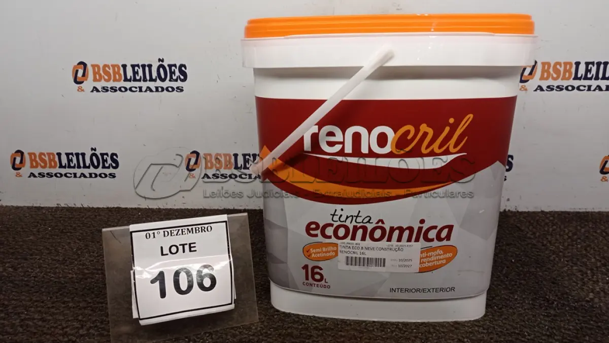LOTE 106 - 01 LATA DE TINTA ECONÔMICA DE 16L NA COR BRANCO NEVE MARCA RENOCRIL. (NO ESTADO) ATENÇÃO! FAZER A VISITAÇÃO ANTES DE ARREMATAR, NÃO SABEMOS SE FUNCIONA, LEILÃO NÃO TEM GARANTIA E NEM DEVOLUÇÃO, SUJEITO A POSSÍVEIS AVARIAS VISÍVEIS/OCULTAS E/OU AUSÊNCIA DE COMPONENTES.