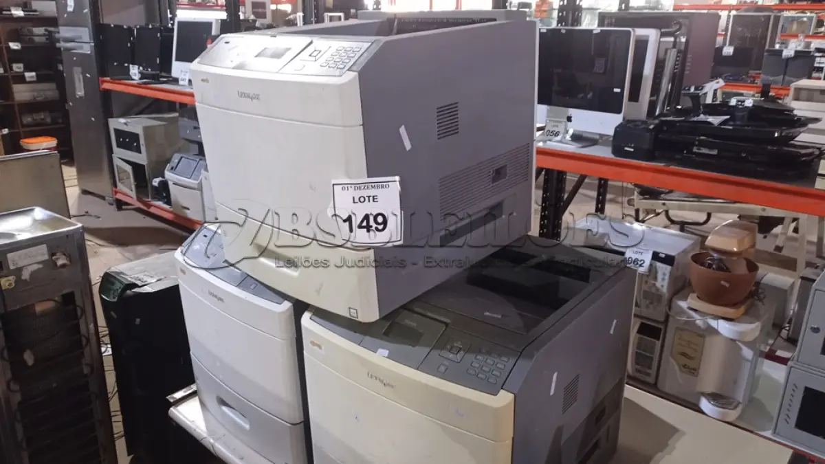LOTE 149 - 03 IMPRESSORAS MARCA LEXMARK. (NO ESTADO) ATENÇÃO! FAZER A VISITAÇÃO ANTES DE ARREMATAR, NÃO SABEMOS SE FUNCIONA, LEILÃO NÃO TEM GARANTIA E NEM DEVOLUÇÃO, SUJEITO A POSSÍVEIS AVARIAS VISÍVEIS/OCULTAS E/OU AUSÊNCIA DE COMPONENTES.