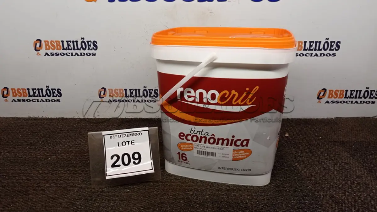 LOTE 209 - 01 LATA DE TINTA ECONÔMICA DE 16L NA COR BRANCO NEVE MARCA RENOCRIL. (NO ESTADO) ATENÇÃO! FAZER A VISITAÇÃO ANTES DE ARREMATAR, NÃO SABEMOS SE FUNCIONA, LEILÃO NÃO TEM GARANTIA E NEM DEVOLUÇÃO, SUJEITO A POSSÍVEIS AVARIAS VISÍVEIS/OCULTAS E/OU AUSÊNCIA DE COMPONENTES.