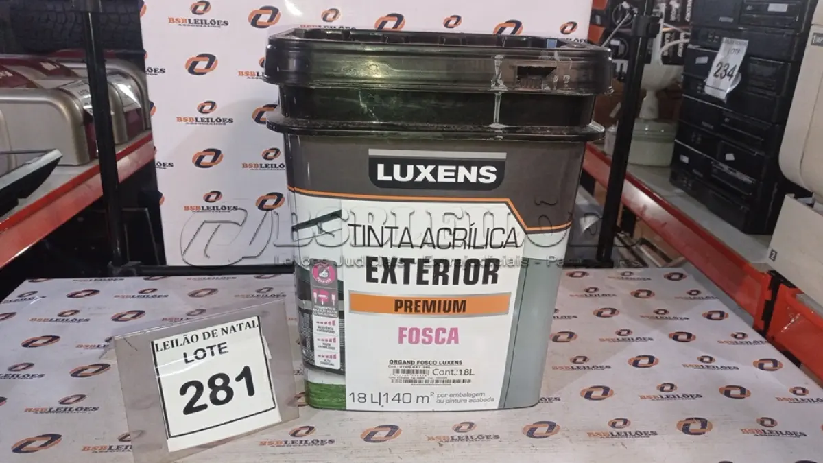 LOTE 281 - 01 BALDE DE TINTA ACRÍLICA EXTERIOR PREMIUM 18L NA COR ORGAND FOSCO MARCA LUXENS. (NO ESTADO) ATENÇÃO! FAZER A VISITAÇÃO ANTES DE ARREMATAR, NÃO SABEMOS SE FUNCIONA, LEILÃO NÃO TEM GARANTIA E NEM DEVOLUÇÃO, SUJEITO A POSSÍVEIS AVARIAS VISÍVEIS/OCULTAS E/OU AUSÊNCIA DE COMPONENTES.
