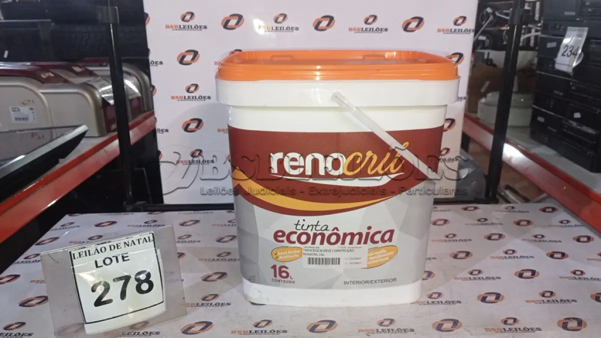 LOTE 278 - 01 BALDE DE TINTA ECONÔMICA DE 16L NA COR BRANCO NEVE MARCA RENOCRIL. (NO ESTADO) ATENÇÃO! FAZER A VISITAÇÃO ANTES DE ARREMATAR, NÃO SABEMOS SE FUNCIONA, LEILÃO NÃO TEM GARANTIA E NEM DEVOLUÇÃO, SUJEITO A POSSÍVEIS AVARIAS VISÍVEIS/OCULTAS E/OU AUSÊNCIA DE COMPONENTES.