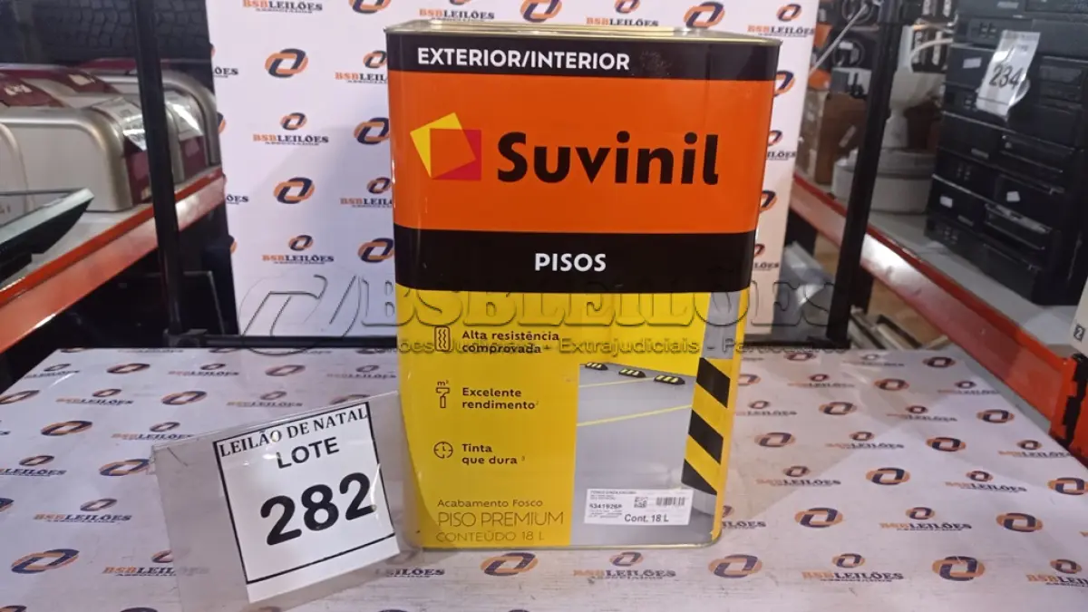 LOTE 282 - 01 LATA DE TINTA PARA PISOS EXTERIOR E INTERIOR COM 18L NA COR FOSCO CINZA ESCURO MARCA SUVINIL. (NO ESTADO) ATENÇÃO! FAZER A VISITAÇÃO ANTES DE ARREMATAR, NÃO SABEMOS SE FUNCIONA, LEILÃO NÃO TEM GARANTIA E NEM DEVOLUÇÃO, SUJEITO A POSSÍVEIS AVARIAS VISÍVEIS/OCULTAS E/OU AUSÊNCIA DE COMPONENTES.