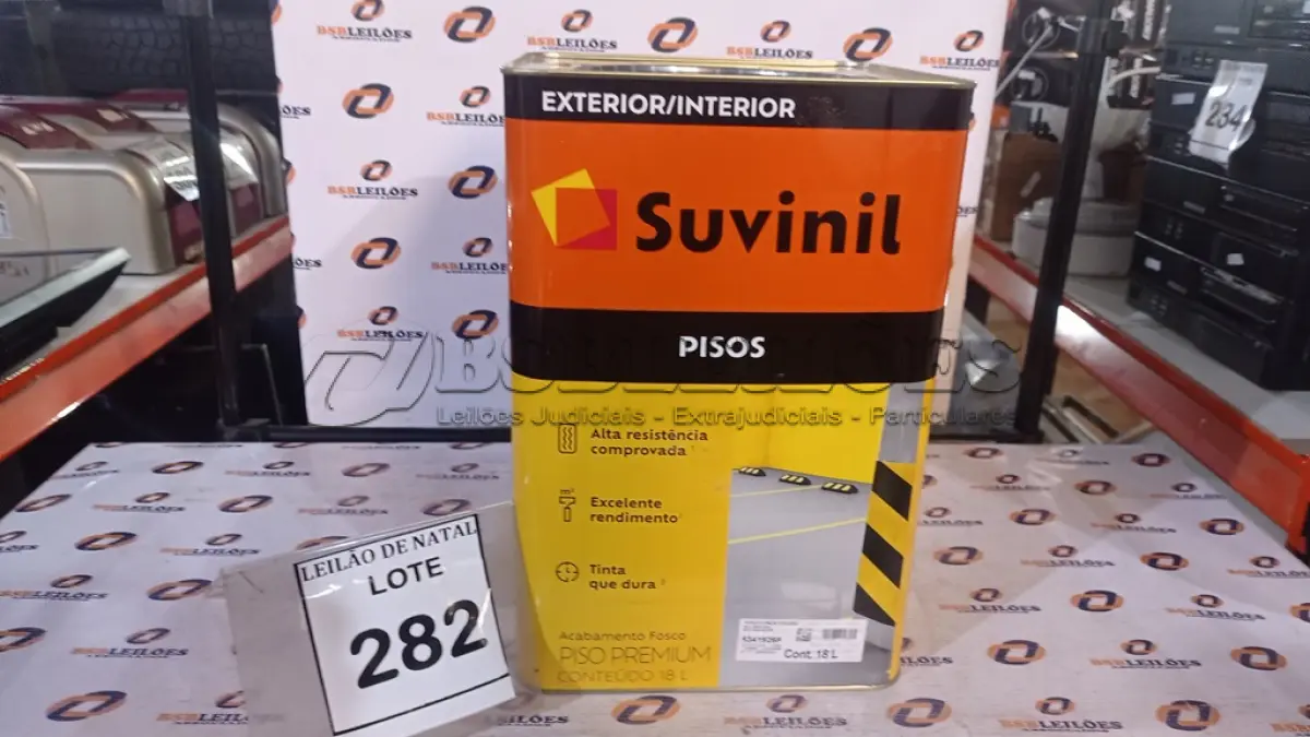 LOTE 282 - 01 LATA DE TINTA PARA PISOS EXTERIOR E INTERIOR COM 18L NA COR FOSCO CINZA ESCURO MARCA SUVINIL. (NO ESTADO) ATENÇÃO! FAZER A VISITAÇÃO ANTES DE ARREMATAR, NÃO SABEMOS SE FUNCIONA, LEILÃO NÃO TEM GARANTIA E NEM DEVOLUÇÃO, SUJEITO A POSSÍVEIS AVARIAS VISÍVEIS/OCULTAS E/OU AUSÊNCIA DE COMPONENTES.