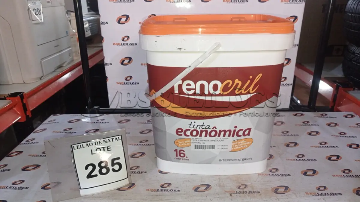 LOTE 285 - 01 BALDE DE TINTA ECONÔMICA DE 16L NA COR BRANCO NEVE MARCA RENOCRIL. (NO ESTADO) ATENÇÃO! FAZER A VISITAÇÃO ANTES DE ARREMATAR, NÃO SABEMOS SE FUNCIONA, LEILÃO NÃO TEM GARANTIA E NEM DEVOLUÇÃO, SUJEITO A POSSÍVEIS AVARIAS VISÍVEIS/OCULTAS E/OU AUSÊNCIA DE COMPONENTES.