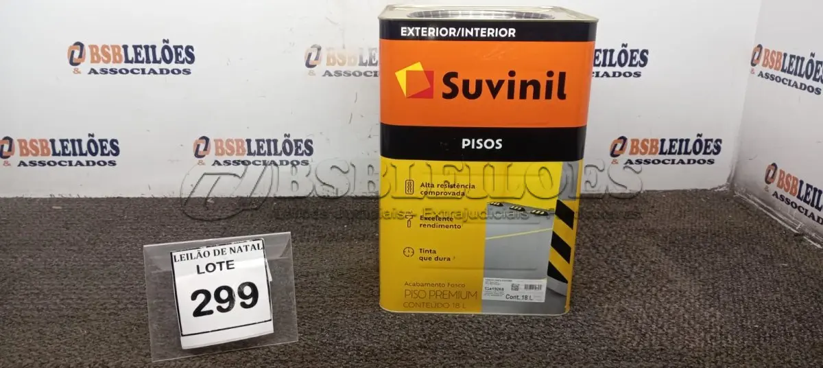 LOTE 299 - 01 LATA DE TINTA PARA PISOS EXTERIOR E INTERIOR COM 18L NA COR FOSCO CINZA ESCURO MARCA SUVINIL. (NO ESTADO) ATENÇÃO! FAZER A VISITAÇÃO ANTES DE ARREMATAR, NÃO SABEMOS SE FUNCIONA, LEILÃO NÃO TEM GARANTIA E NEM DEVOLUÇÃO, SUJEITO A POSSÍVEIS AVARIAS VISÍVEIS/OCULTAS E/OU AUSÊNCIA DE COMPONENTES.