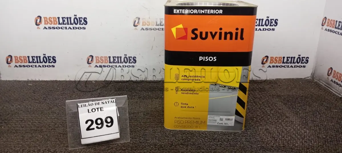 LOTE 299 - 01 LATA DE TINTA PARA PISOS EXTERIOR E INTERIOR COM 18L NA COR FOSCO CINZA ESCURO MARCA SUVINIL. (NO ESTADO) ATENÇÃO! FAZER A VISITAÇÃO ANTES DE ARREMATAR, NÃO SABEMOS SE FUNCIONA, LEILÃO NÃO TEM GARANTIA E NEM DEVOLUÇÃO, SUJEITO A POSSÍVEIS AVARIAS VISÍVEIS/OCULTAS E/OU AUSÊNCIA DE COMPONENTES.