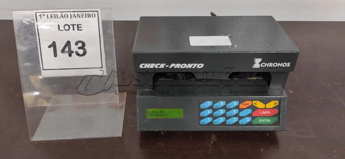 LOTE 143 - 01 MÁQUINA DE PREENCHER CHEQUE.  (NO ESTADO) ATENÇÃO! FAZER A VISITAÇÃO ANTES DE ARREMATAR, NÃO SABEMOS SE FUNCIONA. LEILÃO NÃO TEM GARANTIA E NEM DEVOLUÇÃO, SUJEITO A POSSÍVEIS AVARIAS VISÍVEIS/OCULTAS E/OU AUSÊNCIA DE COMPONENTES.