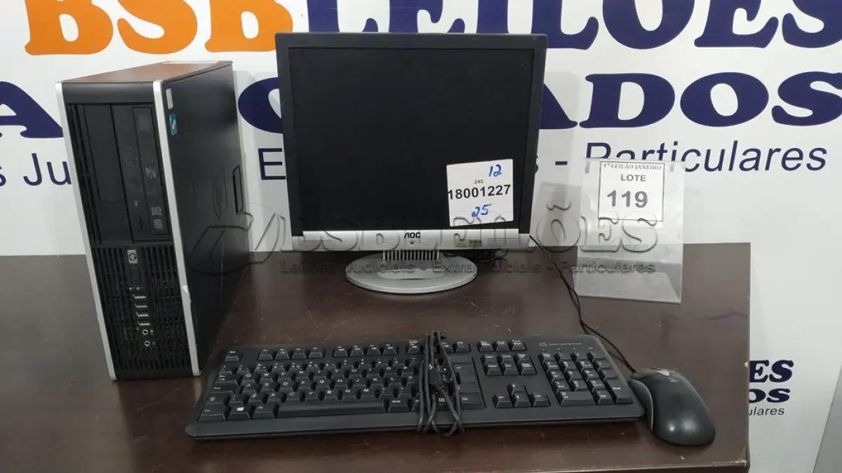 LOTE 119 - 01 CPU MARCA HP, 01 MONITOR MARCA AOC, 01 TECLADO MARCA HP E 01 MOUSE.  (NO ESTADO) ATENÇÃO! FAZER A VISITAÇÃO ANTES DE ARREMATAR, NÃO SABEMOS SE FUNCIONA. LEILÃO NÃO TEM GARANTIA E NEM DEVOLUÇÃO, SUJEITO A POSSÍVEIS AVARIAS VISÍVEIS/OCULTAS E/OU AUSÊNCIA DE COMPONENTES.