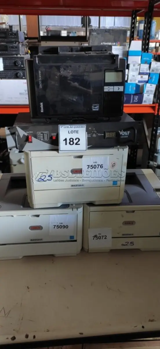 LOTE 182 - 01 SCANNER MODELO I2600 MARCA KODAK, 03 IMPRESSORAS MARCA OKI, 01 MINI RACK DE FERRO COM PORTA DE VIDRO E 01 FONTE NOBREAK.  (NO ESTADO) ATENÇÃO! FAZER A VISITAÇÃO ANTES DE ARREMATAR, NÃO SABEMOS SE FUNCIONA. LEILÃO NÃO TEM GARANTIA E NEM DEVOLUÇÃO, SUJEITO A POSSÍVEIS AVARIAS VISÍVEIS/OCULTAS E/OU AUSÊNCIA DE COMPONENTES.