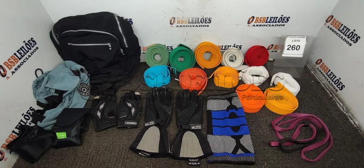 LOTE 260 - 02 PARES DE LUVA PARA MOTOCICLISTAS, 02 MOCHILAS KIPLING, 02 PESOS DE CANELEIRA DE 1KG E 12 FAIXAS DE GRADUAÇÃO PARA LUTADORES. (NO ESTADO) ATENÇÃO! FAZER A VISITAÇÃO ANTES DE ARREMATAR, NÃO SABEMOS SE FUNCIONA. LEILÃO NÃO TEM GARANTIA E NEM DEVOLUÇÃO, SUJEITO A POSSÍVEIS AVARIAS VISÍVEIS/OCULTAS E/OU AUSÊNCIA DE COMPONENTES.