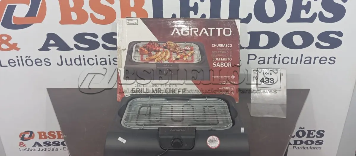 LOTE 433 - 01 CHURRASQUEIRA ELÉTRICA MARCA AGRATTO. (NO ESTADO) ATENÇÃO! FAZER A VISITAÇÃO ANTES DE ARREMATAR, NÃO SABEMOS SE FUNCIONA. LEILÃO NÃO TEM GARANTIA E NEM DEVOLUÇÃO, SUJEITO A POSSÍVEIS AVARIAS VISÍVEIS/OCULTAS E/OU AUSÊNCIA DE COMPONENTES.