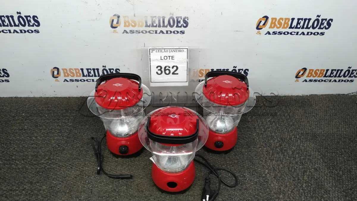 LOTE 362 - 03 LAMPIÕES RECARREGÁVEIS. (NO ESTADO) ATENÇÃO! FAZER A VISITAÇÃO ANTES DE ARREMATAR, NÃO SABEMOS SE FUNCIONA. LEILÃO NÃO TEM GARANTIA E NEM DEVOLUÇÃO, SUJEITO A POSSÍVEIS AVARIAS VISÍVEIS/OCULTAS E/OU AUSÊNCIA DE COMPONENTES.
