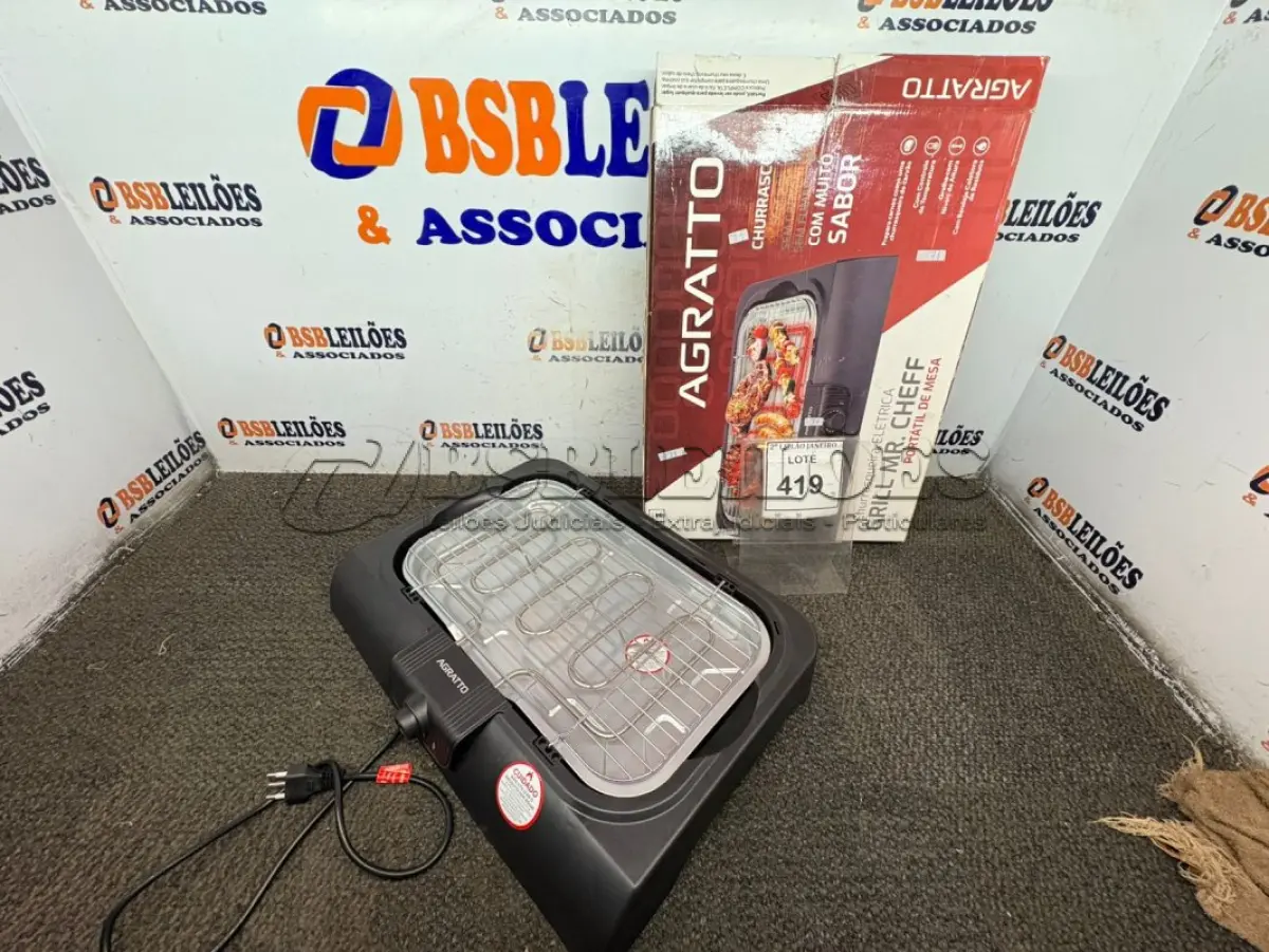 LOTE 419 - 01 CHURRASQUEIRA ELÉTRICA MARCA AGRATTO. (NO ESTADO) ATENÇÃO! FAZER A VISITAÇÃO ANTES DE ARREMATAR, NÃO SABEMOS SE FUNCIONA. LEILÃO NÃO TEM GARANTIA E NEM DEVOLUÇÃO, SUJEITO A POSSÍVEIS AVARIAS VISÍVEIS/OCULTAS E/OU AUSÊNCIA DE COMPONENTES.