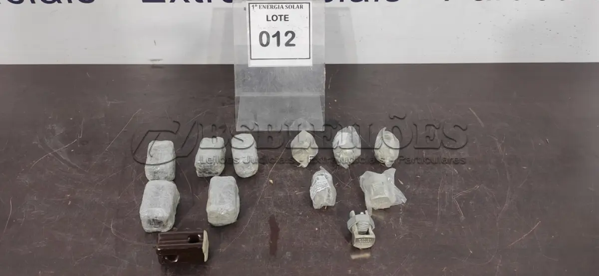 LOTE 012 - 01 LOTE COM CONECTORES (SPLIT-BOLT) E ISOLADORES CASTANHA DE PORCELANA. (NO ESTADO) ATENÇÃO! FAZER A VISITAÇÃO ANTES DE ARREMATAR, NÃO SABEMOS SE FUNCIONA, LEILÃO NÃO TEM GARANTIA E NEM DEVOLUÇÃO, SUJEITO A POSSÍVEIS AVARIAS VISÍVEIS/OCULTAS E/OU AUSÊNCIA DE COMPONENTES.