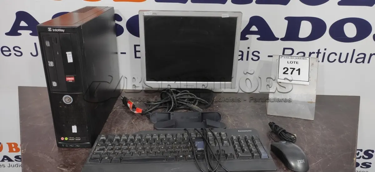 LOTE 271 - 01 MONITOR MARCA SAMSUNG, 01 CPU INFORWAY 4GB HD 500, 01 MOUSE , 01 TECLADO , 01 BASE DE CPU E CABO DE FORÇA. (NO ESTADO) ATENÇÃO! FAZER A VISITAÇÃO ANTES DE ARREMATAR, NÃO SABEMOS SE FUNCIONA. LEILÃO NÃO TEM GARANTIA E NEM DEVOLUÇÃO, SUJEITO A POSSÍVEIS AVARIAS VISÍVEIS/OCULTAS E/OU AUSÊNCIA DE COMPONENTES.
