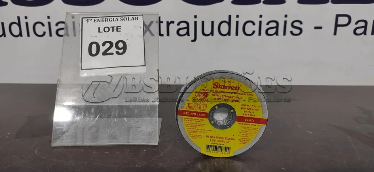 LOTE 029 - 12 DISCOS DE CORTE 115MM X 1,0MM X 22,28MM PEQUENA MARCA STARRETT. (NO ESTADO) ATENÇÃO! FAZER A VISITAÇÃO ANTES DE ARREMATAR, NÃO SABEMOS SE FUNCIONA, LEILÃO NÃO TEM GARANTIA E NEM DEVOLUÇÃO, SUJEITO A POSSÍVEIS AVARIAS VISÍVEIS/OCULTAS E/OU AUSÊNCIA DE COMPONENTES.