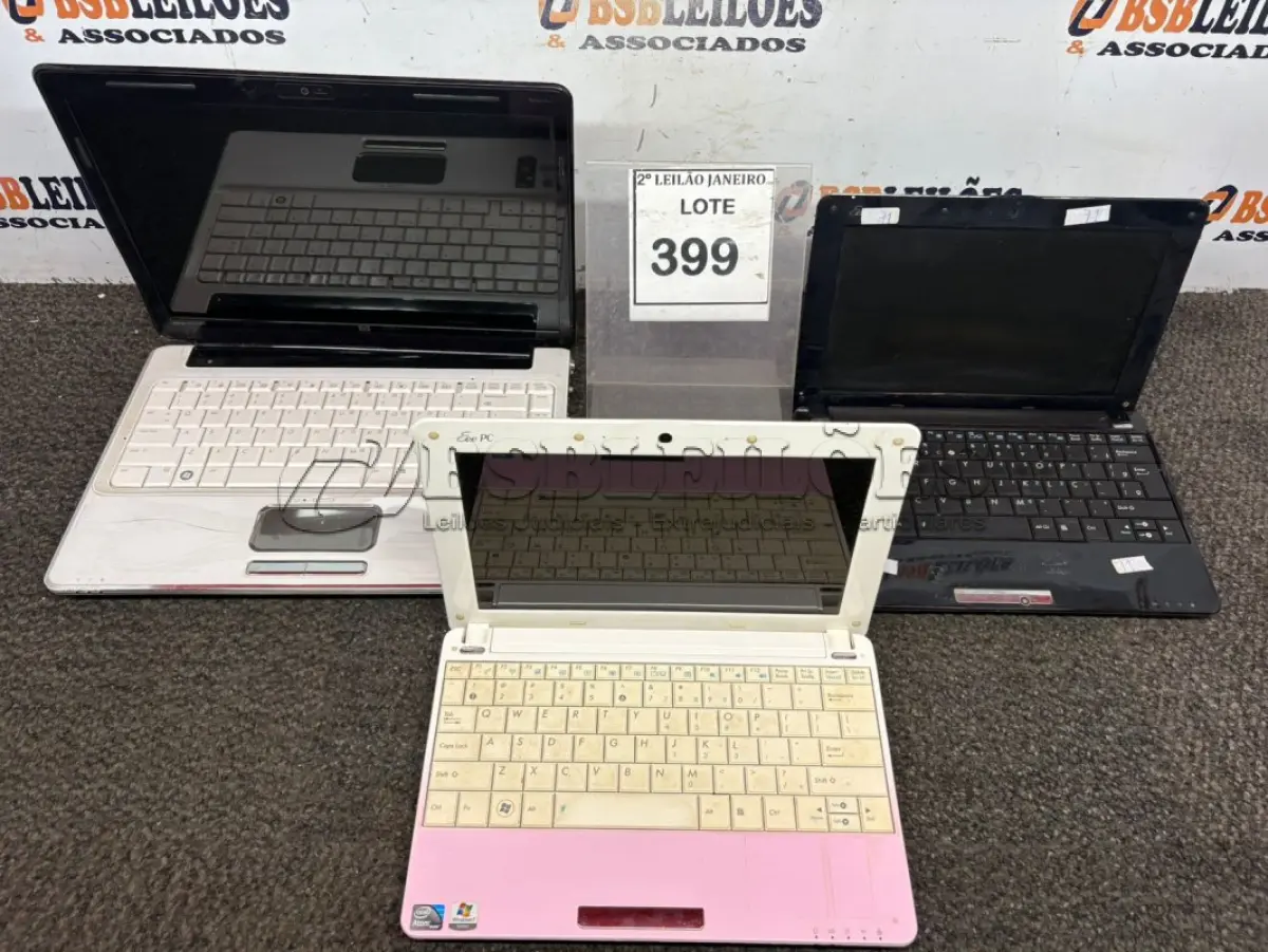 LOTE 399 - 03 NETBOOKS MARCA ASUS E 01 NOTEBOOK MARCA HP PARA RETIRADA DE PEÇAS. (NO ESTADO) ATENÇÃO! FAZER A VISITAÇÃO ANTES DE ARREMATAR, NÃO SABEMOS SE FUNCIONA. LEILÃO NÃO TEM GARANTIA E NEM DEVOLUÇÃO, SUJEITO A POSSÍVEIS AVARIAS VISÍVEIS/OCULTAS E/OU AUSÊNCIA DE COMPONENTES.