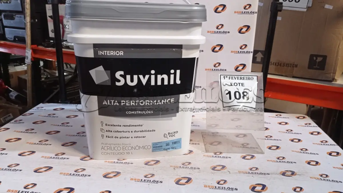 LOTE 108 - 01 BALDE DE TINTA ACRÍLICO ECONÔMICO INTERIOR 18L NA COR FOSCO BRANCO MARCA SUVINIL. (NO ESTADO) ATENÇÃO! FAZER A VISITAÇÃO ANTES DE ARREMATAR, NÃO SABEMOS SE FUNCIONA, LEILÃO NÃO TEM GARANTIA E NEM DEVOLUÇÃO, SUJEITO A POSSÍVEIS AVARIAS VISÍVEIS/OCULTAS E/OU AUSÊNCIA DE COMPONENTES.