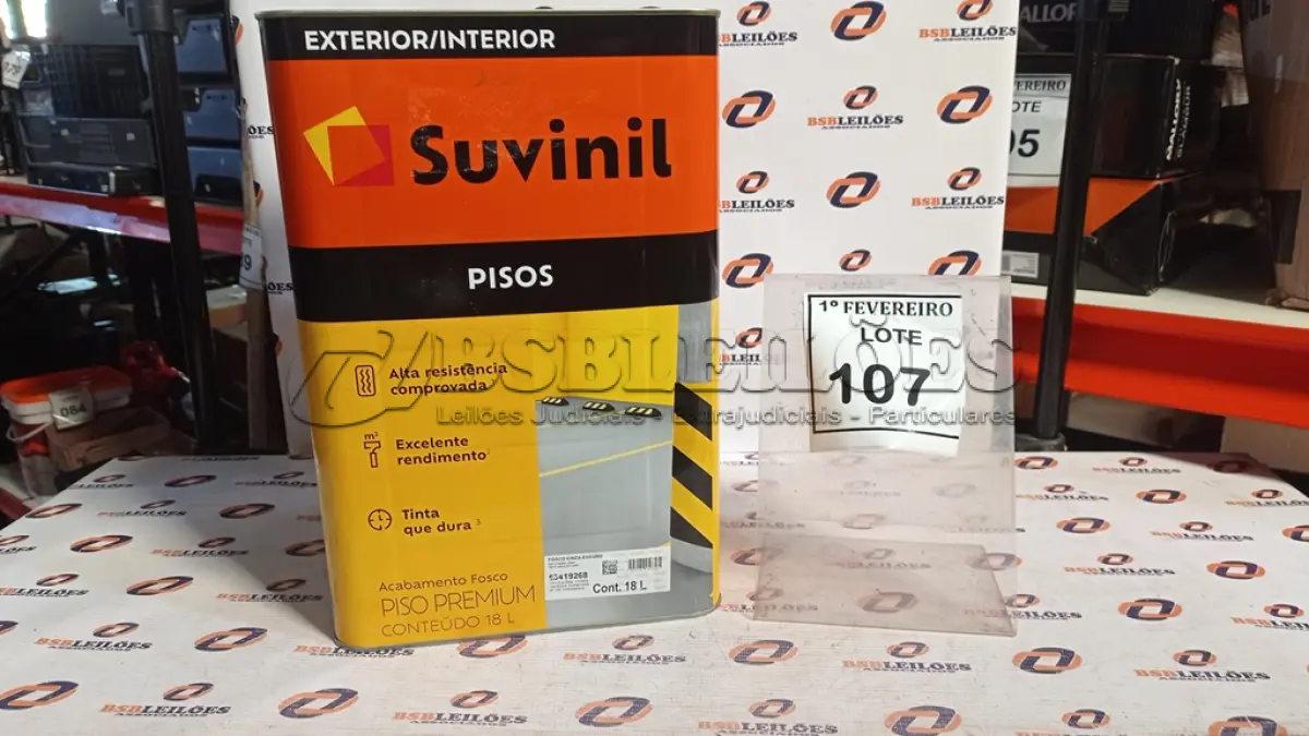 LOTE 107 - 01 LATA DE TINTA PARA PISOS EXTERIOR E INTERIOR COM 18L NA COR FOSCO CINZA ESCURO MARCA SUVINIL. (NO ESTADO) ATENÇÃO! FAZER A VISITAÇÃO ANTES DE ARREMATAR, NÃO SABEMOS SE FUNCIONA, LEILÃO NÃO TEM GARANTIA E NEM DEVOLUÇÃO, SUJEITO A POSSÍVEIS AVARIAS VISÍVEIS/OCULTAS E/OU AUSÊNCIA DE COMPONENTES.