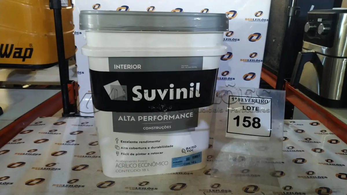 LOTE 158 - 01 BALDE DE TINTA ACRÍLICO ECONÔMICO INTERIOR 18L NA COR FOSCO BRANCO MARCA SUVINIL. (NO ESTADO) ATENÇÃO! FAZER A VISITAÇÃO ANTES DE ARREMATAR, NÃO SABEMOS SE FUNCIONA, LEILÃO NÃO TEM GARANTIA E NEM DEVOLUÇÃO, SUJEITO A POSSÍVEIS AVARIAS VISÍVEIS/OCULTAS E/OU AUSÊNCIA DE COMPONENTES.