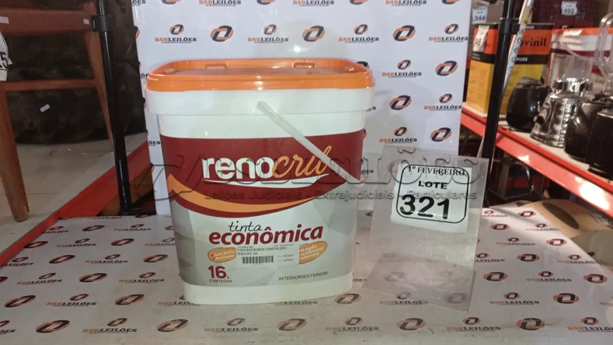 LOTE 321 - 01 BALDE DE TINTA ECONÔMICA 16L INTERIOR/EXTERIOR NA COR BRANCO NEVE MARCA RENOCRIL. (NO ESTADO) ATENÇÃO! FAZER A VISITAÇÃO ANTES DE ARREMATAR, NÃO SABEMOS SE FUNCIONA, LEILÃO NÃO TEM GARANTIA E NEM DEVOLUÇÃO, SUJEITO A POSSÍVEIS AVARIAS VISÍVEIS/OCULTAS E/OU AUSÊNCIA DE COMPONENTES.