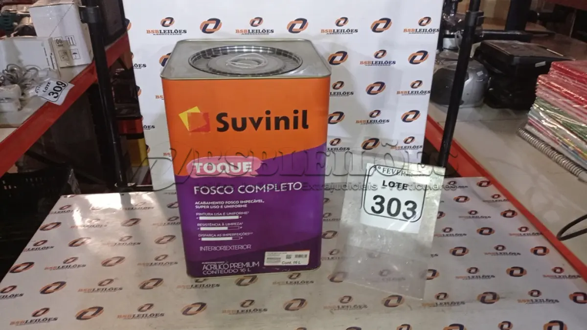 LOTE 303 - 01 LATA DE TINTA ACRÍLICA PREMIUM ACABAMENTO FOSCO 16L NA COR A014 CALOPSITA MARCA SUVINIL. (NO ESTADO) ATENÇÃO! FAZER A VISITAÇÃO ANTES DE ARREMATAR, NÃO SABEMOS SE FUNCIONA, LEILÃO NÃO TEM GARANTIA E NEM DEVOLUÇÃO, SUJEITO A POSSÍVEIS AVARIAS VISÍVEIS/OCULTAS E/OU AUSÊNCIA DE COMPONENTES.