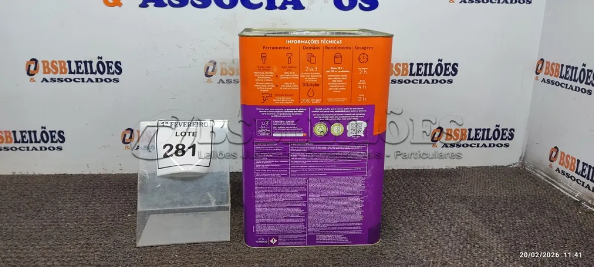 LOTE 281 - 01 LATA DE TINTA ACRÍLICA PREMIUM ACABAMENTO FOSCO 16L NA COR A014 CALOPSITA MARCA SUVINIL. (NO ESTADO) ATENÇÃO! FAZER A VISITAÇÃO ANTES DE ARREMATAR, NÃO SABEMOS SE FUNCIONA, LEILÃO NÃO TEM GARANTIA E NEM DEVOLUÇÃO, SUJEITO A POSSÍVEIS AVARIAS VISÍVEIS/OCULTAS E/OU AUSÊNCIA DE COMPONENTES.