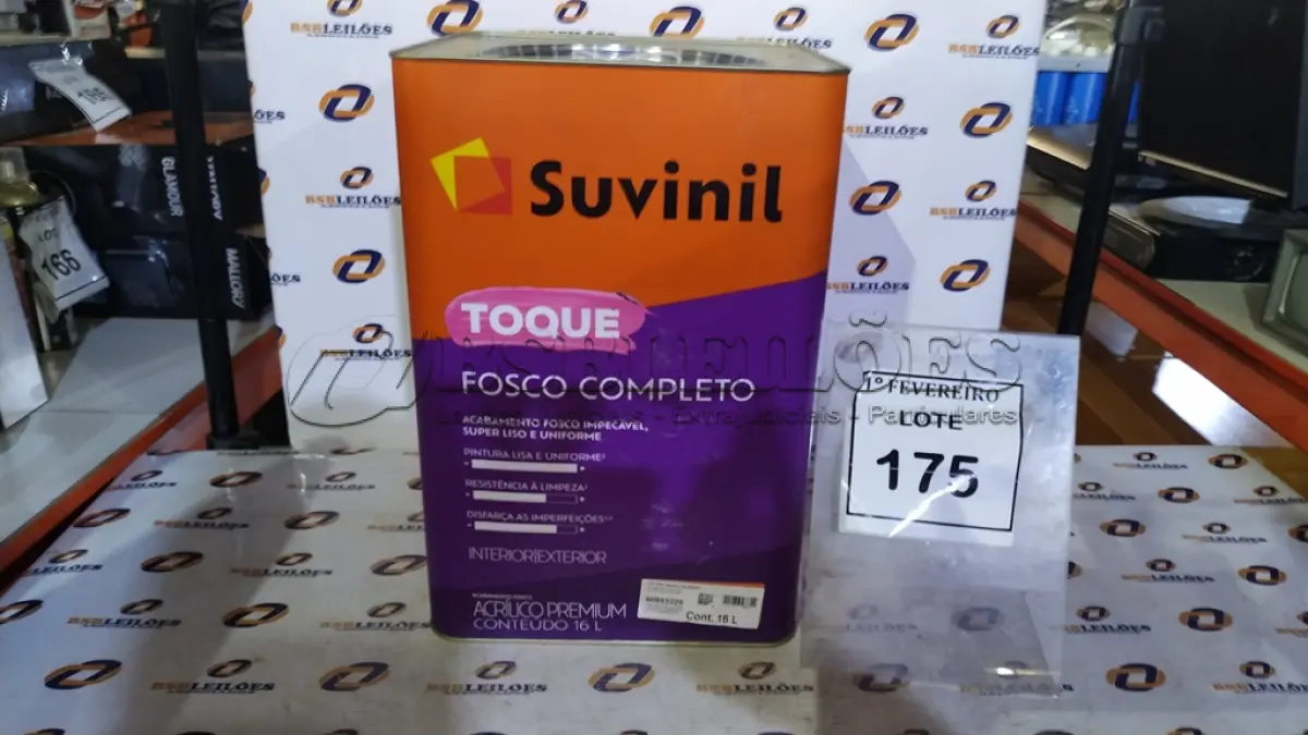 LOTE 175 - 01 LATA DE TINTA ACRÍLICA PREMIUM ACABAMENTO FOSCO 16L NA COR A014 CALOPSITA MARCA SUVINIL. (NO ESTADO) ATENÇÃO! FAZER A VISITAÇÃO ANTES DE ARREMATAR, NÃO SABEMOS SE FUNCIONA, LEILÃO NÃO TEM GARANTIA E NEM DEVOLUÇÃO, SUJEITO A POSSÍVEIS AVARIAS VISÍVEIS/OCULTAS E/OU AUSÊNCIA DE COMPONENTES.