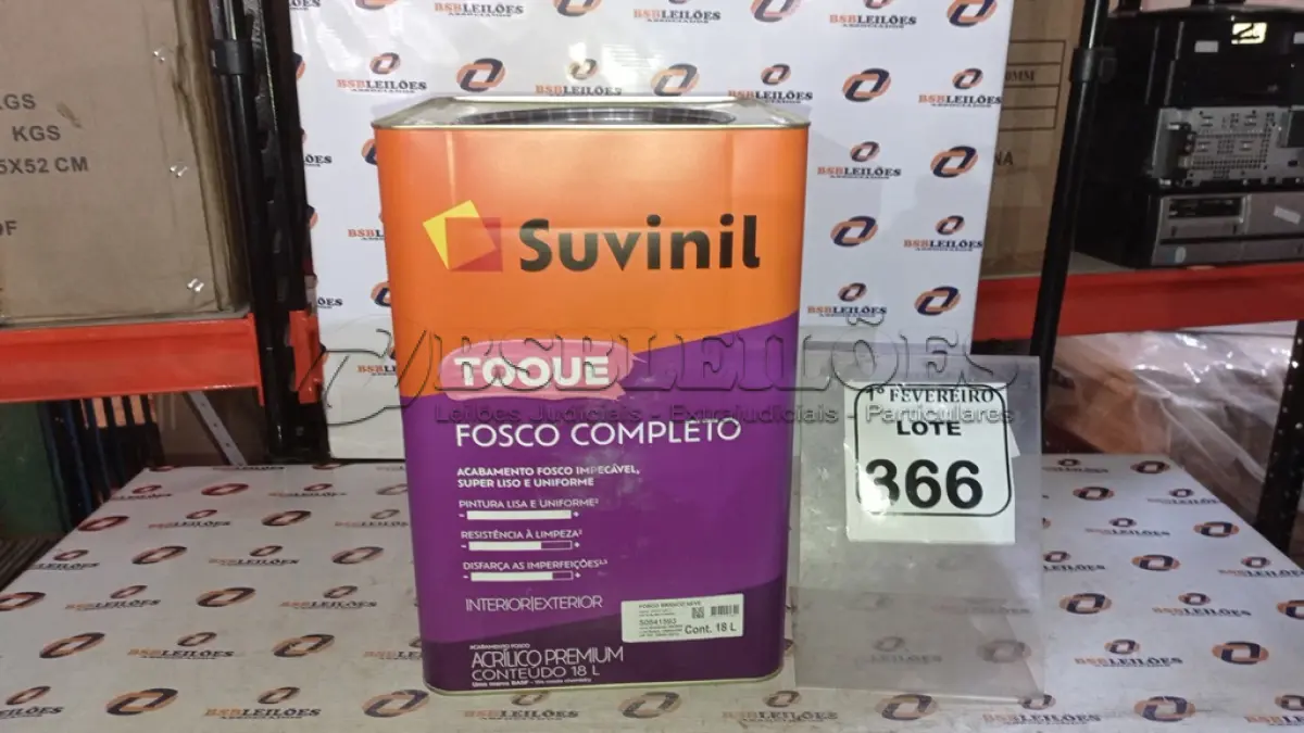 LOTE 366 - 01 LATA DE TINTA ACRÍLICA PREMIUM ACABAMENTO FOSCO 16L NA COR FOSCO BRANCO NEVE MARCA SUVINIL. (NO ESTADO) ATENÇÃO! FAZER A VISITAÇÃO ANTES DE ARREMATAR, NÃO SABEMOS SE FUNCIONA, LEILÃO NÃO TEM GARANTIA E NEM DEVOLUÇÃO, SUJEITO A POSSÍVEIS AVARIAS VISÍVEIS/OCULTAS E/OU AUSÊNCIA DE COMPONENTES.