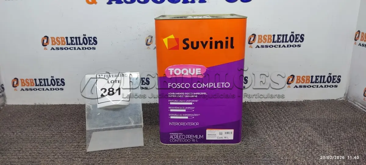 LOTE 281 - 01 LATA DE TINTA ACRÍLICA PREMIUM ACABAMENTO FOSCO 16L NA COR A014 CALOPSITA MARCA SUVINIL. (NO ESTADO) ATENÇÃO! FAZER A VISITAÇÃO ANTES DE ARREMATAR, NÃO SABEMOS SE FUNCIONA, LEILÃO NÃO TEM GARANTIA E NEM DEVOLUÇÃO, SUJEITO A POSSÍVEIS AVARIAS VISÍVEIS/OCULTAS E/OU AUSÊNCIA DE COMPONENTES.