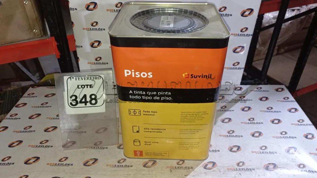 LOTE 348 - 01 LATA DE TINTA PARA PISOS EXTERIOR E INTERIOR COM 18L NA COR FOSCO CINZA ESCURO MARCA SUVINIL. (NO ESTADO) ATENÇÃO! FAZER A VISITAÇÃO ANTES DE ARREMATAR, NÃO SABEMOS SE FUNCIONA, LEILÃO NÃO TEM GARANTIA E NEM DEVOLUÇÃO, SUJEITO A POSSÍVEIS AVARIAS VISÍVEIS/OCULTAS E/OU AUSÊNCIA DE COMPONENTES.