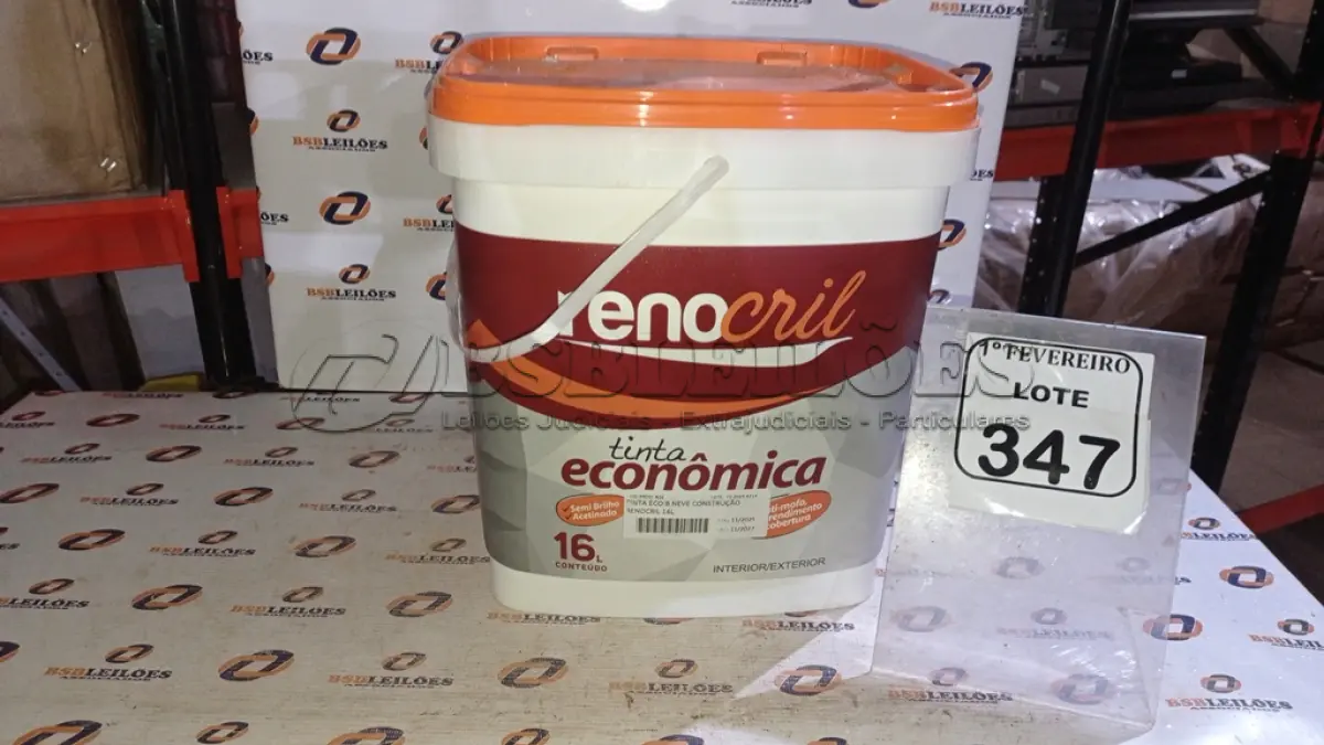 LOTE 347 - 01 BALDE DE TINTA ECONÔMICA 16L INTERIOR/EXTERIOR NA COR BRANCO NEVE MARCA RENOCRIL. (NO ESTADO) ATENÇÃO! FAZER A VISITAÇÃO ANTES DE ARREMATAR, NÃO SABEMOS SE FUNCIONA, LEILÃO NÃO TEM GARANTIA E NEM DEVOLUÇÃO, SUJEITO A POSSÍVEIS AVARIAS VISÍVEIS/OCULTAS E/OU AUSÊNCIA DE COMPONENTES.
