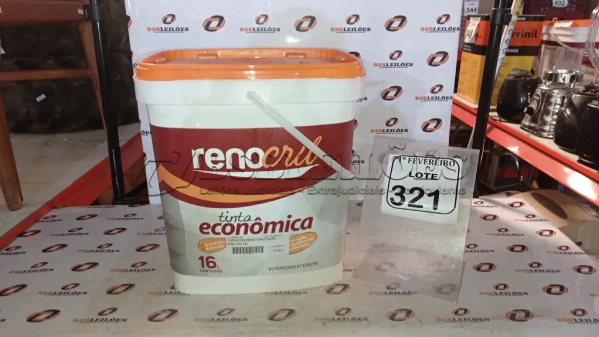 LOTE 321 - 01 BALDE DE TINTA ECONÔMICA 16L INTERIOR/EXTERIOR NA COR BRANCO NEVE MARCA RENOCRIL. (NO ESTADO) ATENÇÃO! FAZER A VISITAÇÃO ANTES DE ARREMATAR, NÃO SABEMOS SE FUNCIONA, LEILÃO NÃO TEM GARANTIA E NEM DEVOLUÇÃO, SUJEITO A POSSÍVEIS AVARIAS VISÍVEIS/OCULTAS E/OU AUSÊNCIA DE COMPONENTES.