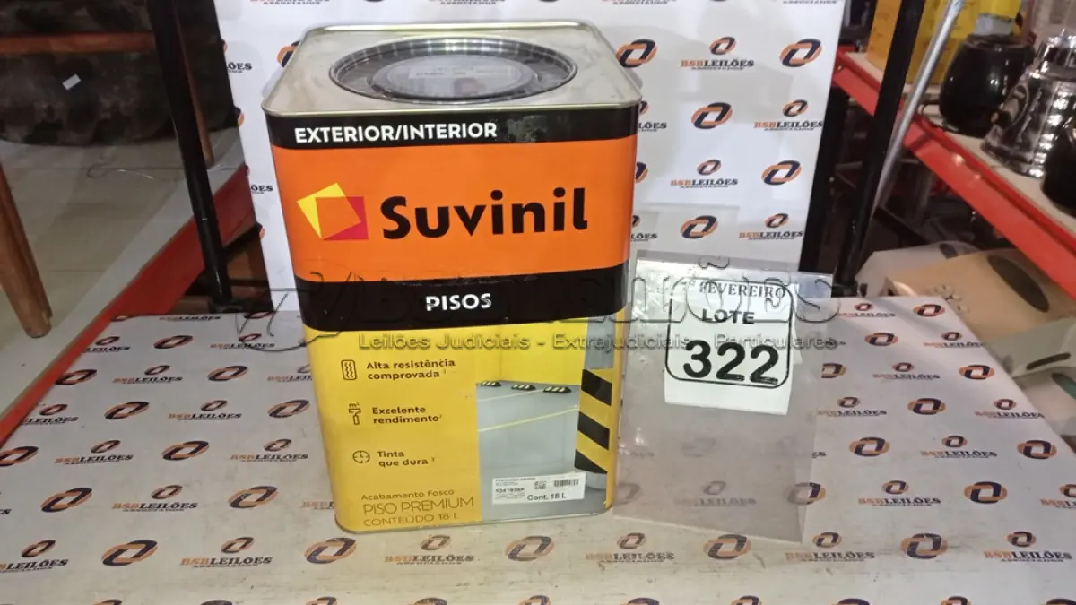 LOTE 322 - 01 LATA DE TINTA PARA PISOS EXTERIOR E INTERIOR COM 18L NA COR FOSCO CINZA ESCURO MARCA SUVINIL. (NO ESTADO) ATENÇÃO! FAZER A VISITAÇÃO ANTES DE ARREMATAR, NÃO SABEMOS SE FUNCIONA, LEILÃO NÃO TEM GARANTIA E NEM DEVOLUÇÃO, SUJEITO A POSSÍVEIS AVARIAS VISÍVEIS/OCULTAS E/OU AUSÊNCIA DE COMPONENTES.