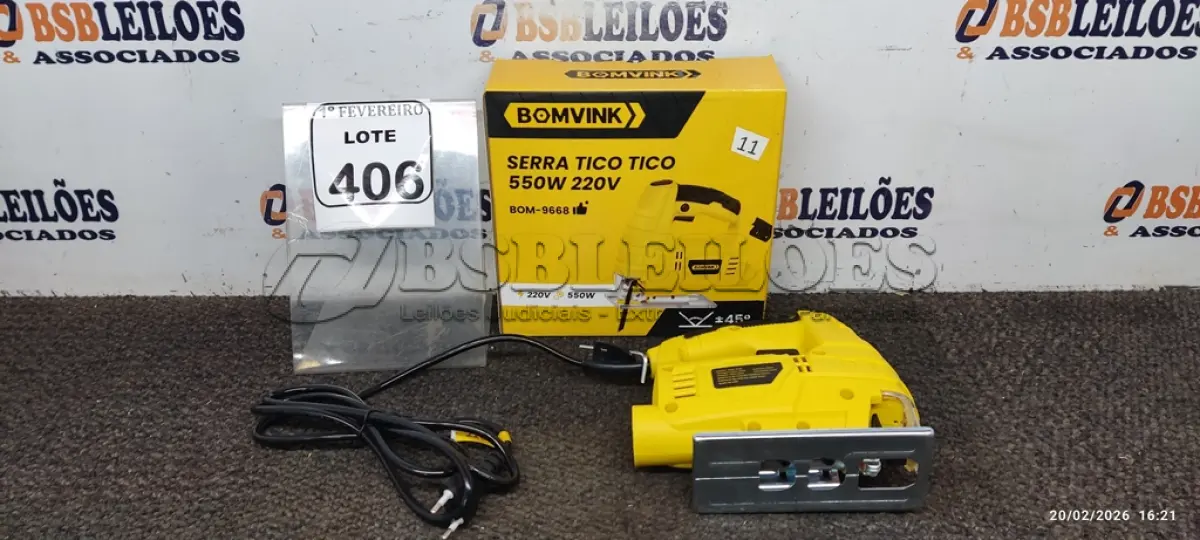LOTE 406 - 01 SERRA TICO TICO 550W 220 (PRODUTO NOVO). (NO ESTADO) ATENÇÃO! FAZER A VISITAÇÃO ANTES DE ARREMATAR, NÃO SABEMOS SE FUNCIONA, LEILÃO NÃO TEM GARANTIA E NEM DEVOLUÇÃO, SUJEITO A POSSÍVEIS AVARIAS VISÍVEIS/OCULTAS E/OU AUSÊNCIA DE COMPONENTES.