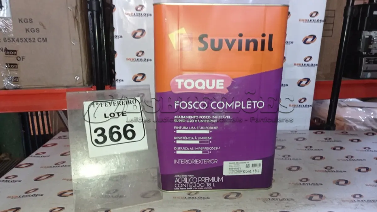 LOTE 366 - 01 LATA DE TINTA ACRÍLICA PREMIUM ACABAMENTO FOSCO 16L NA COR FOSCO BRANCO NEVE MARCA SUVINIL. (NO ESTADO) ATENÇÃO! FAZER A VISITAÇÃO ANTES DE ARREMATAR, NÃO SABEMOS SE FUNCIONA, LEILÃO NÃO TEM GARANTIA E NEM DEVOLUÇÃO, SUJEITO A POSSÍVEIS AVARIAS VISÍVEIS/OCULTAS E/OU AUSÊNCIA DE COMPONENTES.