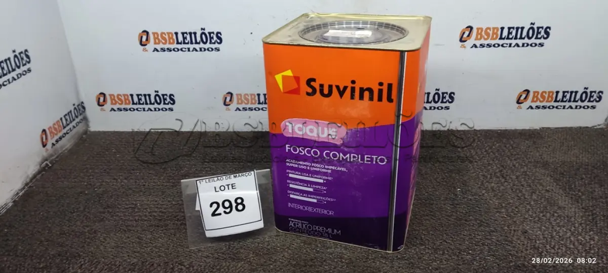 LOTE 298 - 01 BALDE DE TINTA ACRÍLICA DE 18L ACABAMENTO FOSCO BRANCO NEVE MARCA SUVINIL. (NO ESTADO) ATENÇÃO! FAZER A VISITAÇÃO ANTES DE ARREMATAR, NÃO SABEMOS SE FUNCIONA. LEILÃO NÃO TEM GARANTIA E NEM DEVOLUÇÃO, SUJEITO A POSSÍVEIS AVARIAS VISÍVEIS/OCULTAS E/OU AUSÊNCIA DE COMPONENTES.