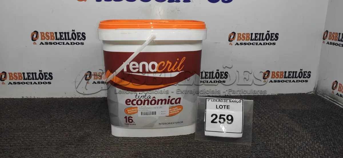 LOTE 259 - 01 BALDE DE TINTA ACRÍLICA 16L NA COR BRANCO NEVE SEMI BRILHO ACETINADO VALIDADE 10/27 MARCA RENOCRIL. (NO ESTADO) ATENÇÃO! FAZER A VISITAÇÃO ANTES DE ARREMATAR, NÃO SABEMOS SE FUNCIONA. LEILÃO NÃO TEM GARANTIA E NEM DEVOLUÇÃO, SUJEITO A POSSÍVEIS AVARIAS VISÍVEIS/OCULTAS E/OU AUSÊNCIA DE COMPONENTES.