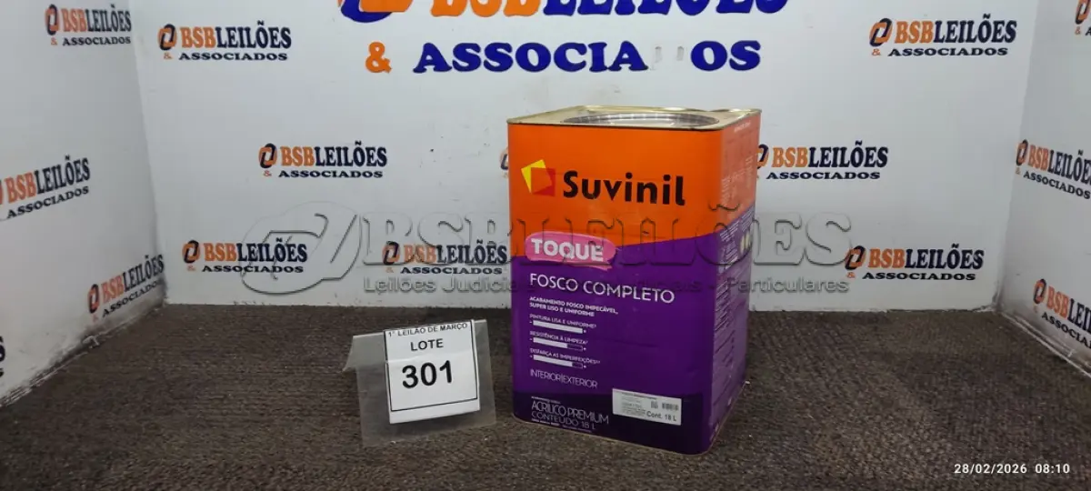 LOTE 301 - 01 BALDE DE TINTA ACRÍLICA DE 18L ACABAMENTO FOSCO BRANCO NEVE MARCA SUVINIL. (NO ESTADO) ATENÇÃO! FAZER A VISITAÇÃO ANTES DE ARREMATAR, NÃO SABEMOS SE FUNCIONA. LEILÃO NÃO TEM GARANTIA E NEM DEVOLUÇÃO, SUJEITO A POSSÍVEIS AVARIAS VISÍVEIS/OCULTAS E/OU AUSÊNCIA DE COMPONENTES.