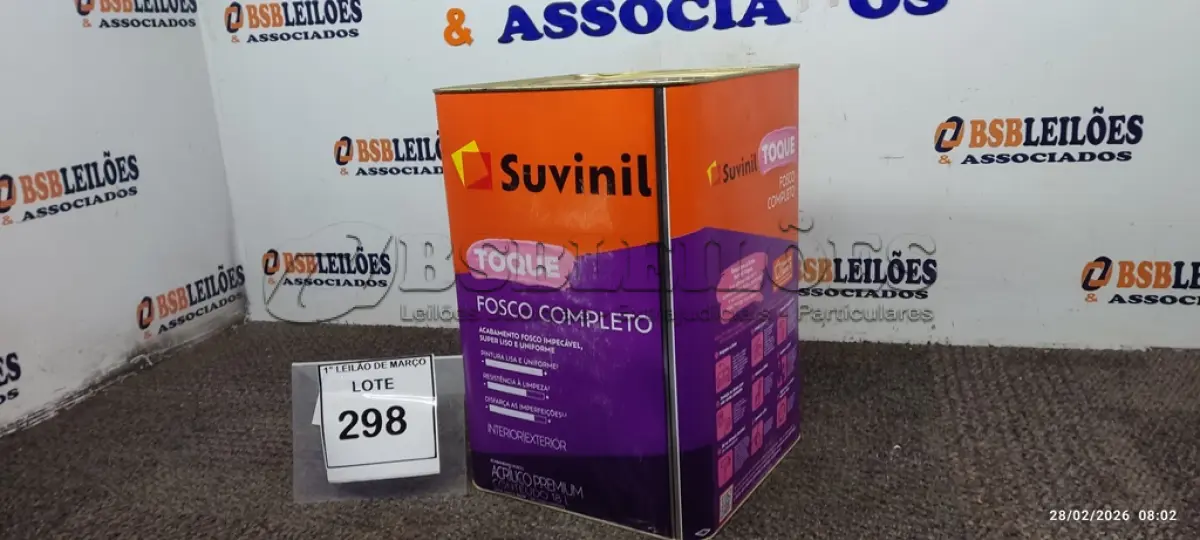 LOTE 298 - 01 BALDE DE TINTA ACRÍLICA DE 18L ACABAMENTO FOSCO BRANCO NEVE MARCA SUVINIL. (NO ESTADO) ATENÇÃO! FAZER A VISITAÇÃO ANTES DE ARREMATAR, NÃO SABEMOS SE FUNCIONA. LEILÃO NÃO TEM GARANTIA E NEM DEVOLUÇÃO, SUJEITO A POSSÍVEIS AVARIAS VISÍVEIS/OCULTAS E/OU AUSÊNCIA DE COMPONENTES.