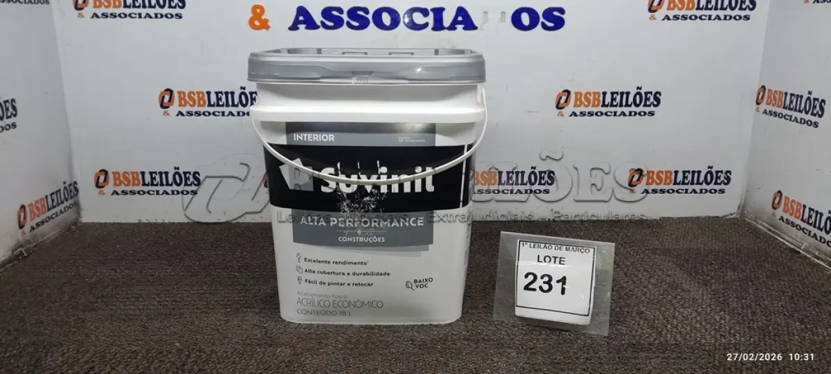 LOTE 231 - 01 BALDE DE TINTA ACRÍLICA INTERIOR DE 18L NA COR FOSCO BRANCO MARCA SUVINIL. (NO ESTADO) ATENÇÃO! FAZER A VISITAÇÃO ANTES DE ARREMATAR, NÃO SABEMOS SE FUNCIONA. LEILÃO NÃO TEM GARANTIA E NEM DEVOLUÇÃO, SUJEITO A POSSÍVEIS AVARIAS VISÍVEIS/OCULTAS E/OU AUSÊNCIA DE COMPONENTES.