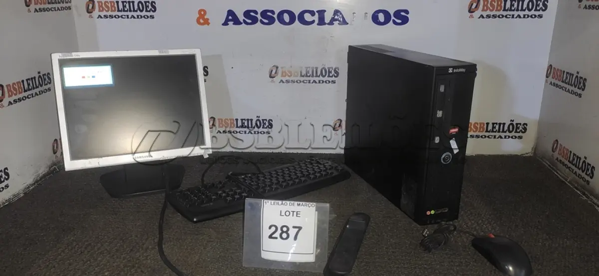 LOTE 287 - 01 MONITOR MARCA SAMSUNG, 01 CPU INFORWAY 4GB HD 500, 01 MOUSE, 01 TECLADO , 01 BASE DE CPU E CABO DE FORÇA. (NO ESTADO) ATENÇÃO! FAZER A VISITAÇÃO ANTES DE ARREMATAR, NÃO SABEMOS SE FUNCIONA. LEILÃO NÃO TEM GARANTIA E NEM DEVOLUÇÃO, SUJEITO A POSSÍVEIS AVARIAS VISÍVEIS/OCULTAS E/OU AUSÊNCIA DE COMPONENTES.